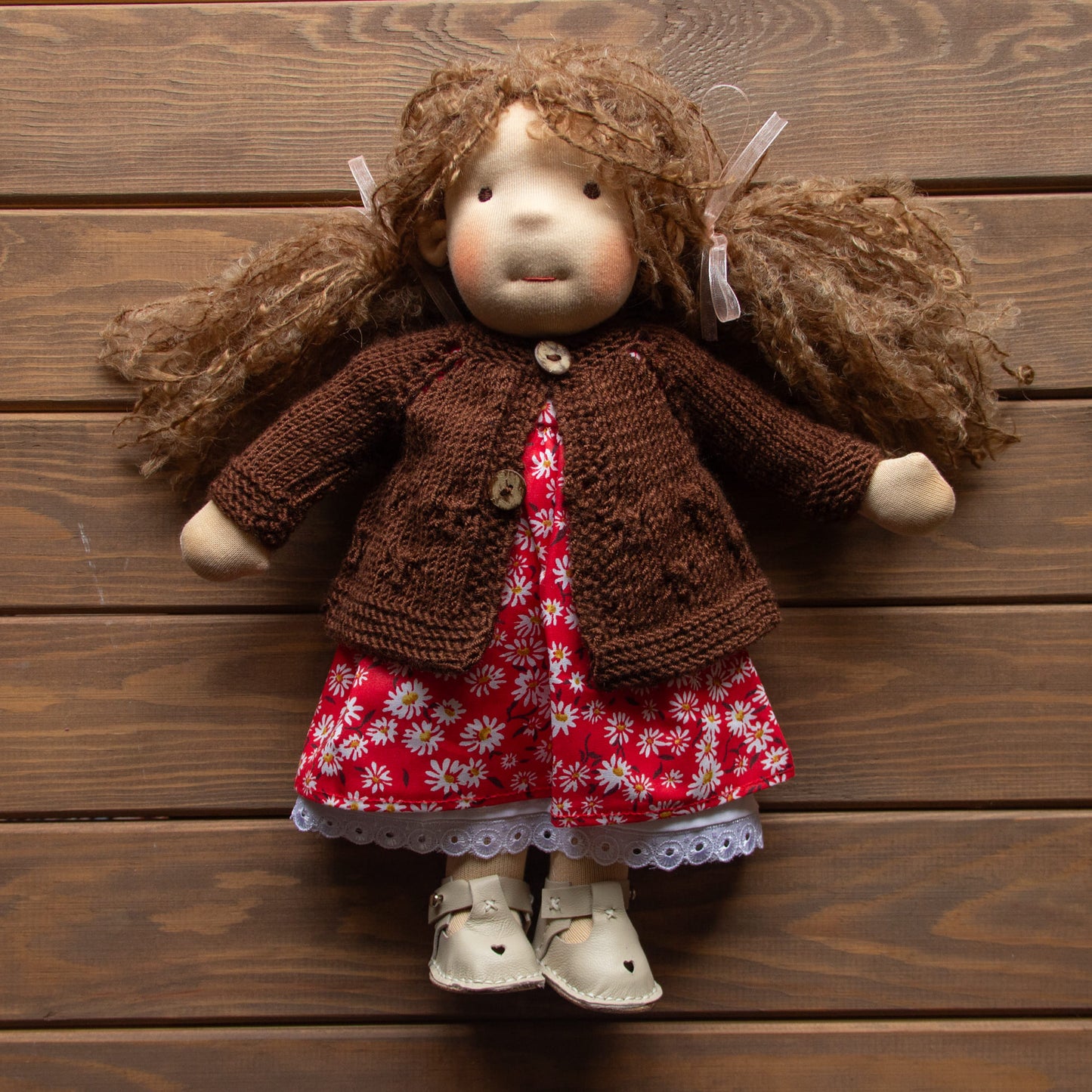 Waldorf Doll Brown Cardigan for 16 - 14 inch Dolls | Hand Knitted Wool Doll Cardigans