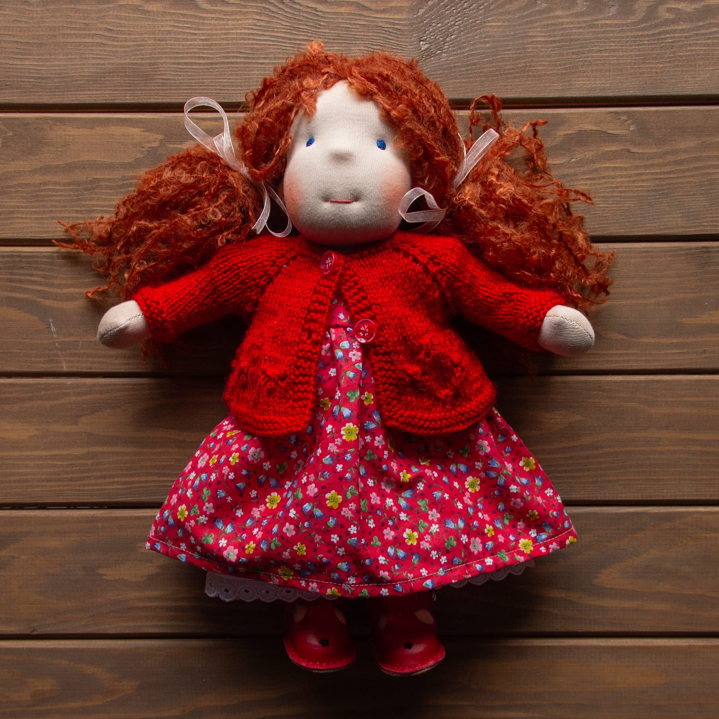 Waldorf Doll Red Cardigan for 16 - 14 inch Dolls | Hand Knitted Wool Doll Cardigans