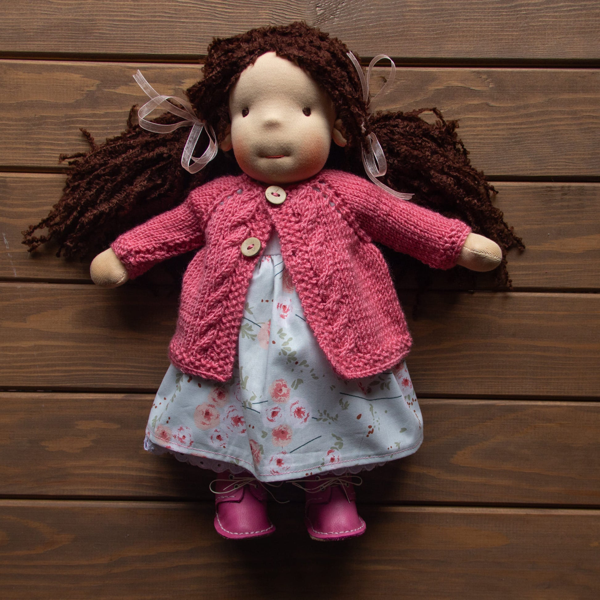 Waldorf Doll Old Rose Cardigan for 16 - 14 inch Dolls | Hand Knitted Wool Doll Cardigans