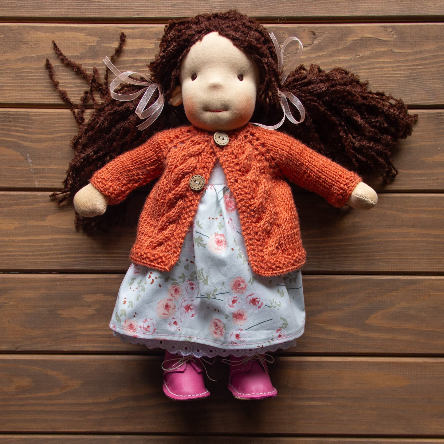 Waldorf Doll Orange Cardigan for 16 - 14 inch Dolls | Hand Knitted Wool Doll Cardigans