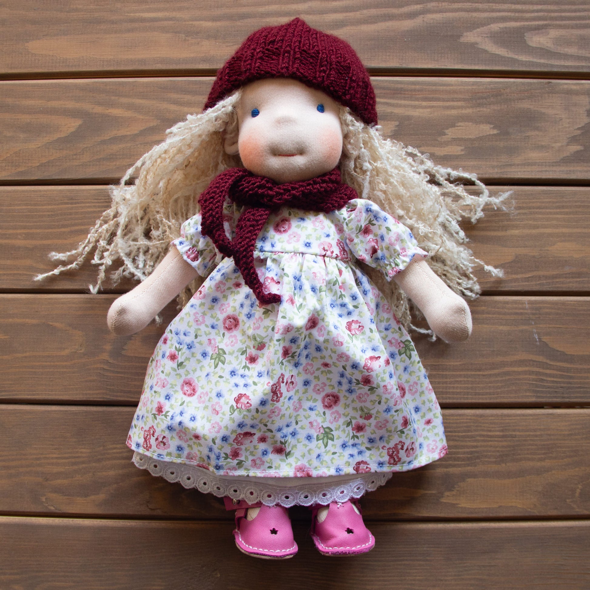 Waldorf Doll Claret Red Yarn Hat and Scarf for 16 - 14 inch Dolls | Handmade Doll Yarn Hat & Scarf