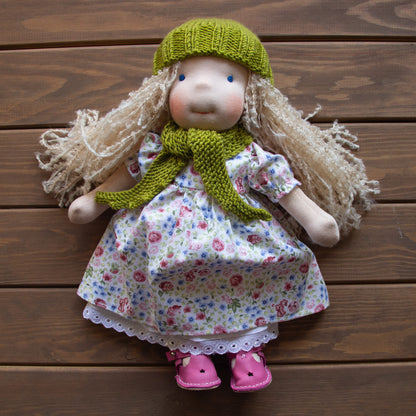 Waldorf Doll Light Green Yarn Hat and Scarf for 16 - 14 inch Dolls | Handmade Doll Yarn Hat & Scarf