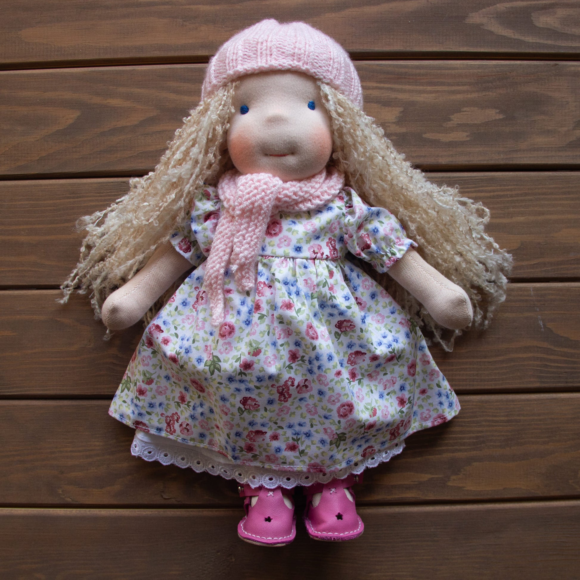 Waldorf Doll Pink Yarn Hat and Scarf for 16 - 14 inch Dolls | Handmade Doll Yarn Hat & Scarf