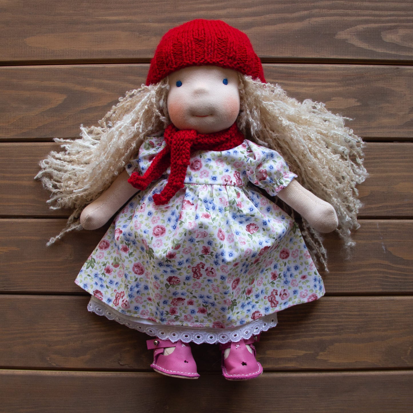 Waldorf Doll Red Yarn Hat and Scarf for 16 - 14 inch Dolls | Handmade Doll Yarn Hat & Scarf