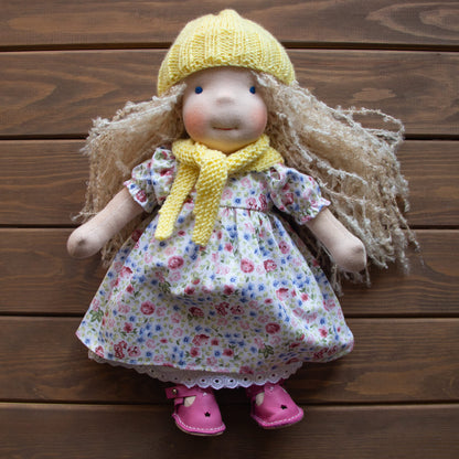 Waldorf Doll Yellow Yarn Hat and Scarf for 16 - 14 inch Dolls | Handmade Doll Yarn Hat & Scarf