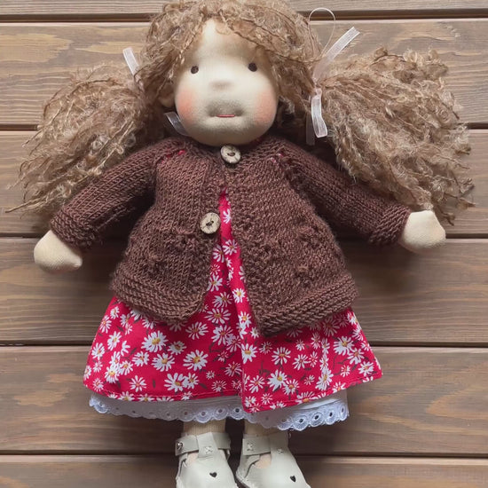 Waldorf Doll Brown Cardigan for 16 - 14 inch Dolls | Hand Knitted Wool Doll Cardigans