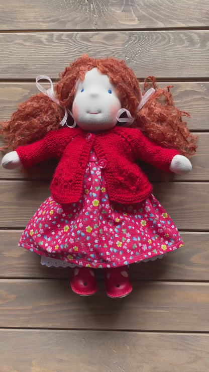 Waldorf Doll Red Cardigan for 16 - 14 inch Dolls | Hand Knitted Wool Doll Cardigans