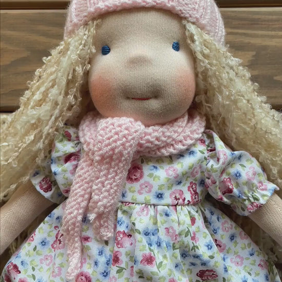 Waldorf Doll Pink Yarn Hat and Scarf for 16 - 14 inch Dolls | Handmade Doll Yarn Hat & Scarf