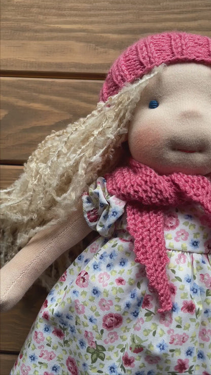 Waldorf Doll Old Rose Yarn Hat and Scarf for 16 - 14 inch Dolls | Handmade Doll Yarn Hat & Scarf