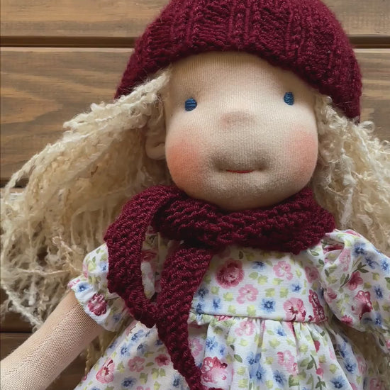 Waldorf Doll Claret Red Yarn Hat and Scarf for 16 - 14 inch Dolls | Handmade Doll Yarn Hat & Scarf