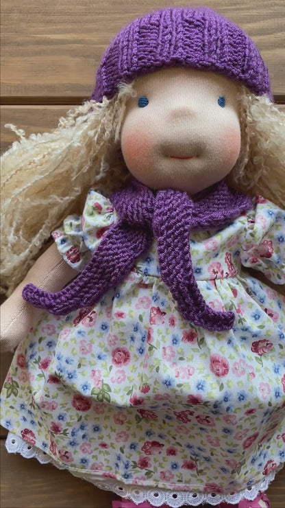 Waldorf Doll Purple Yarn Hat and Scarf for 16 - 14 inch Dolls | Handmade Doll Yarn Hat & Scarf