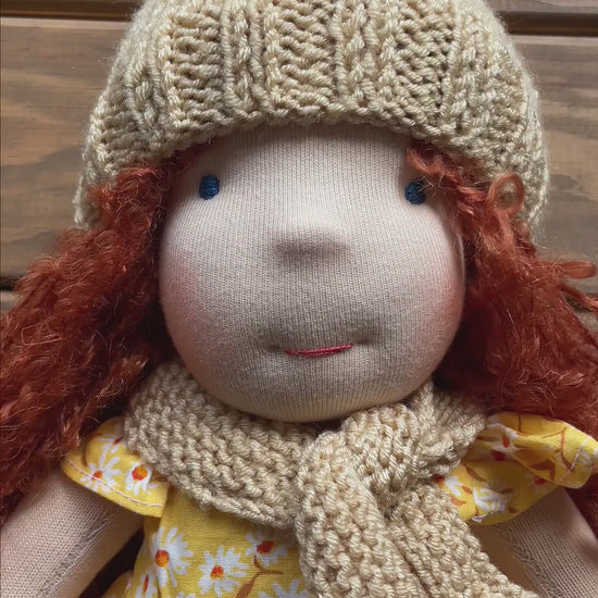 Waldorf Doll Beige Yarn Hat and Scarf for 16 - 14 inch Dolls | Handmade Doll Yarn Hat & Scarf