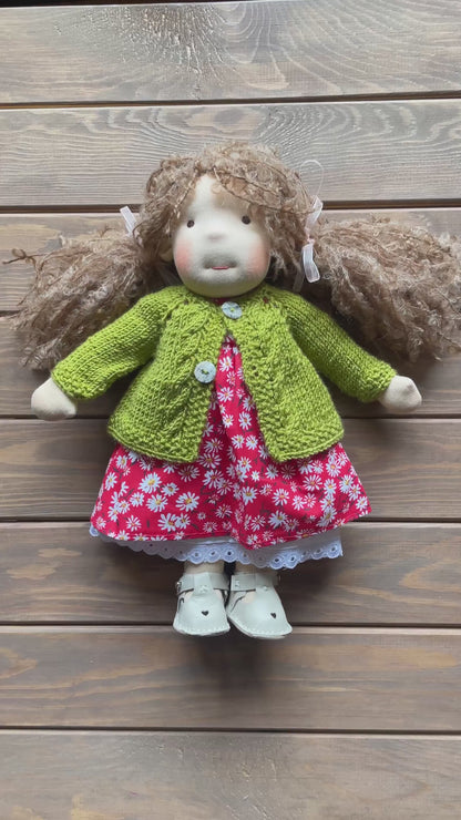 Waldorf Doll Light Green Cardigan for 16 - 14 inch Dolls | Hand Knitted Wool Doll Cardigans